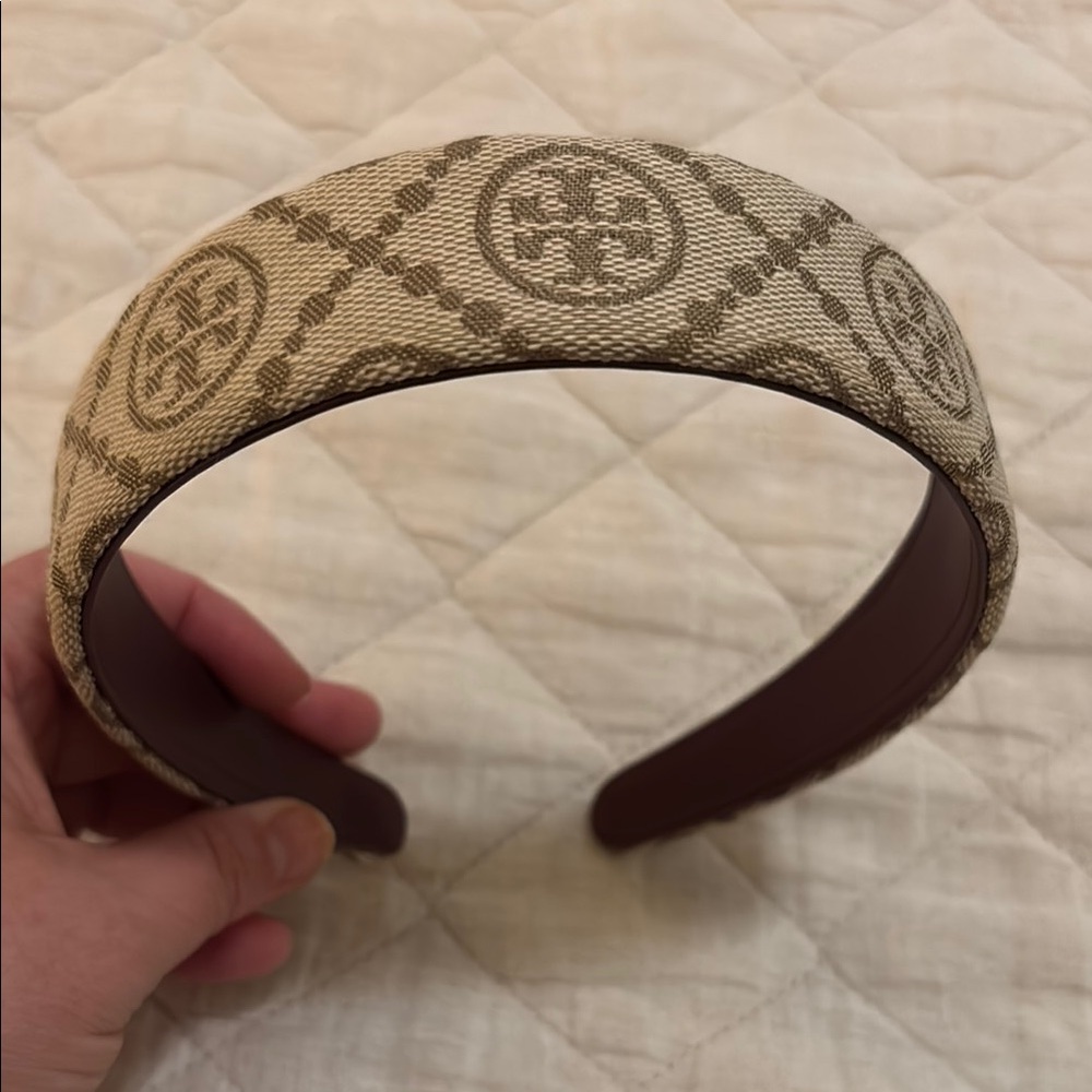 Tory Burch monogram, canvas, headband, Cream and Brown